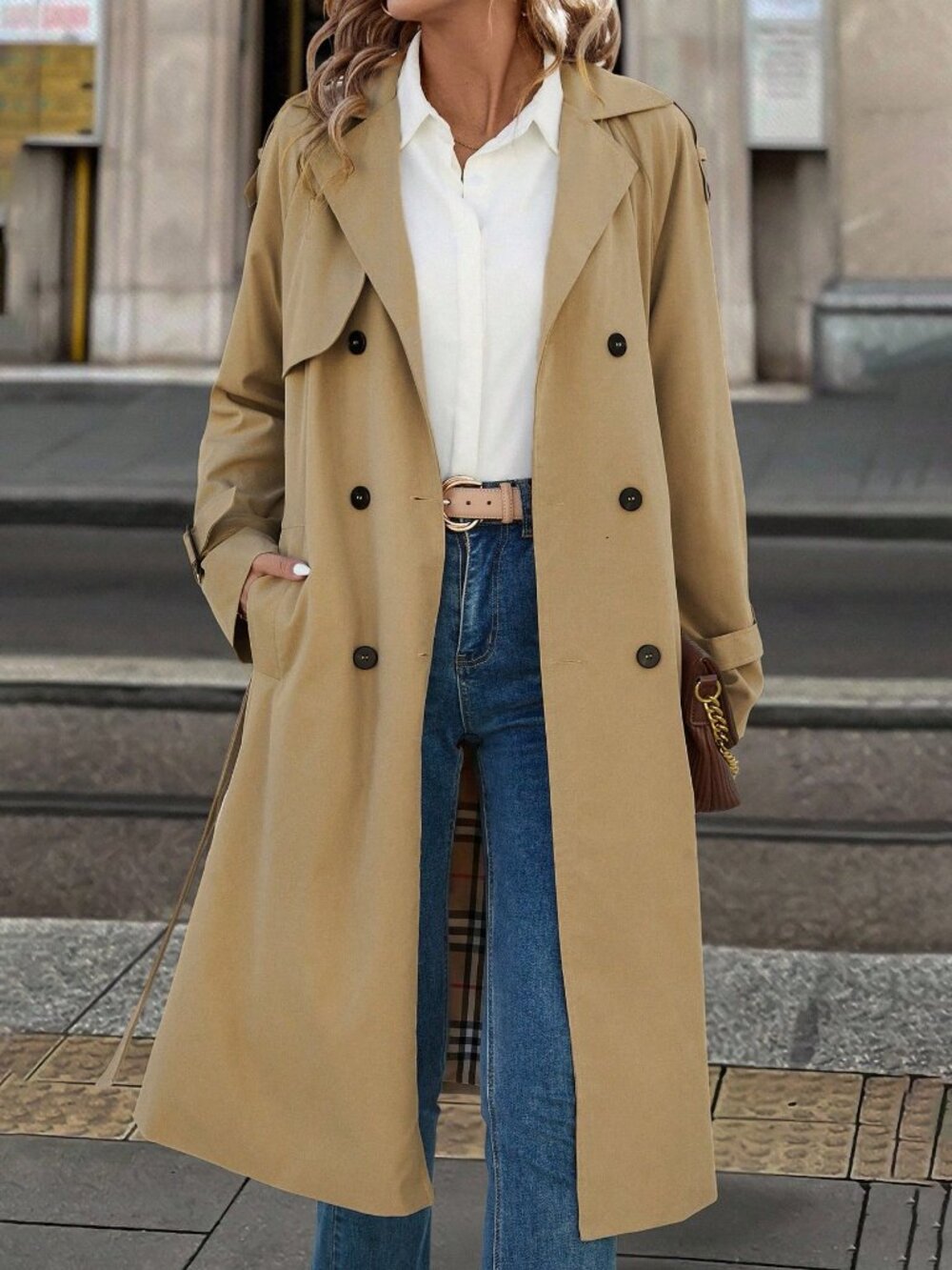 Khaki Casual Women's Long Sleeve Double-Breasted Long Trench Coat - Picture 6 of 7
